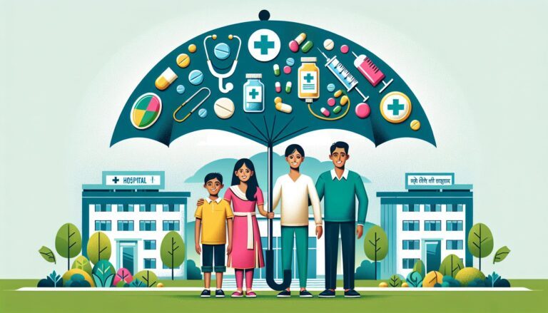Create a flat illustration of a smiling Indian family (parents and two children) standing together, with a large protective umbrella hovering above them. The umbrella is decorated with medical symbols like stethoscopes, pills, and syringes, representing comprehensive health coverage. In the background, include a hospital building and a clinic, symbolizing both inpatient and outpatient care. Do not add any text elements.